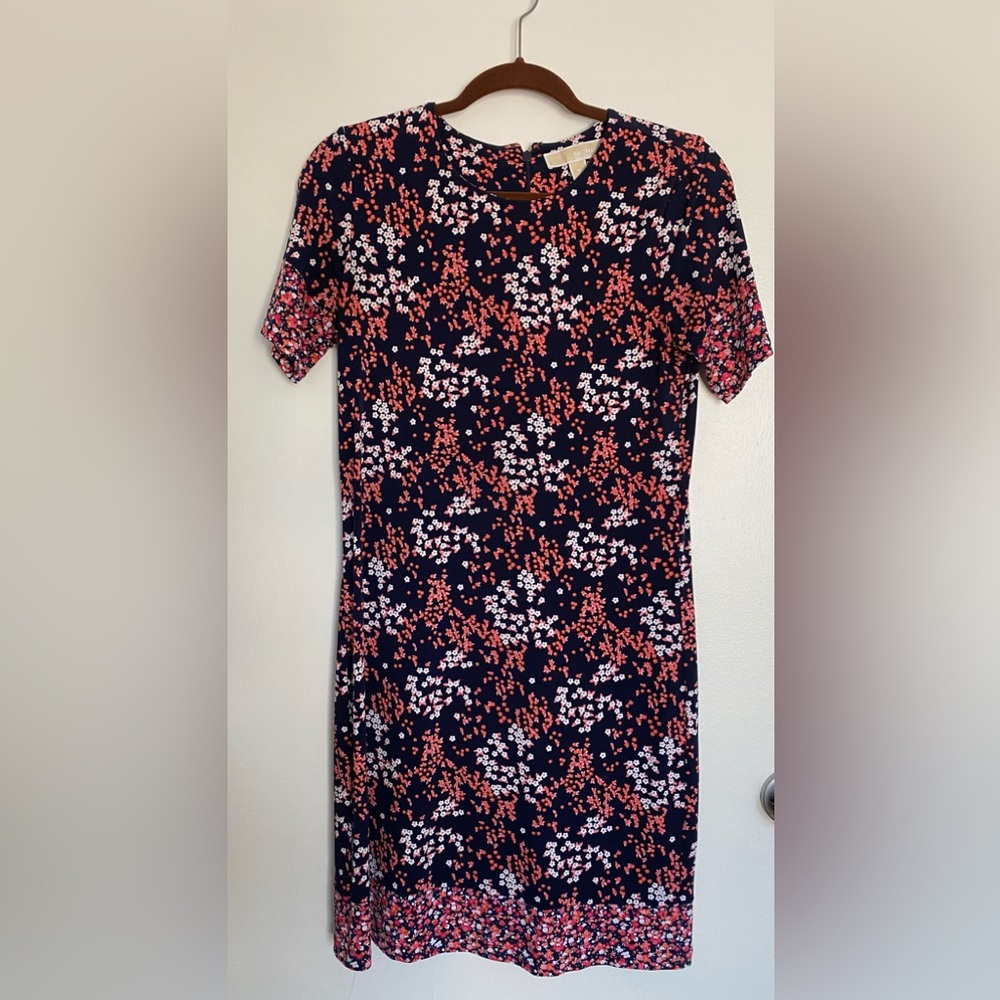 MICHAEL Michael Kors Navy Floral Midi Dress with Coral and White Blossoms